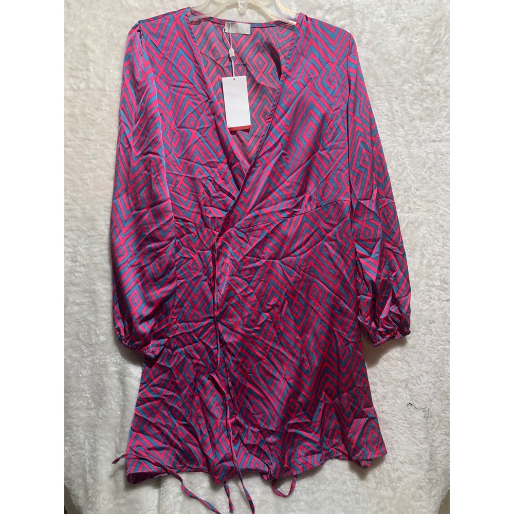 Q2 Women Pink Teal‎ Geometric Print V Neck Wrap Long Sleeve Mini Dress L